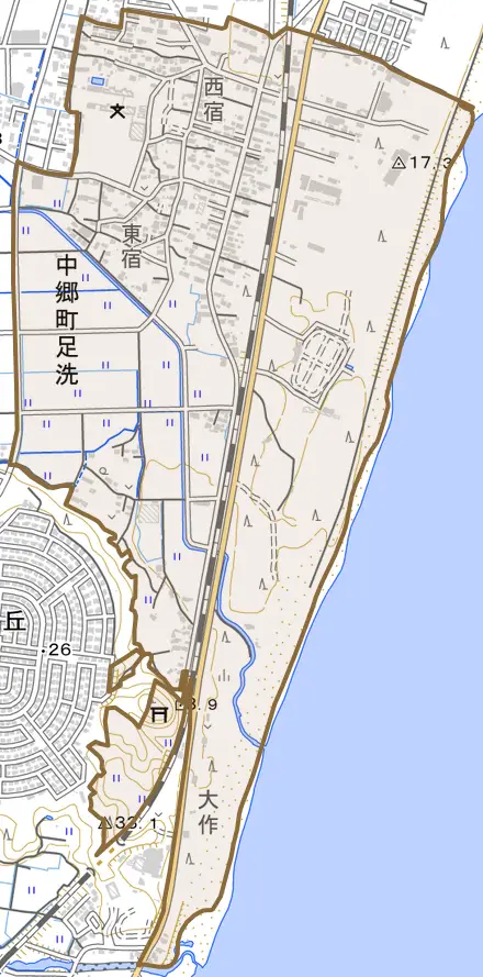 中郷町足洗とその周辺の地図。町の範囲を重ねている