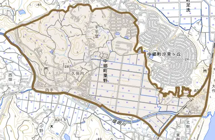 中郷町粟野とその周辺の地図。町の範囲を重ねている