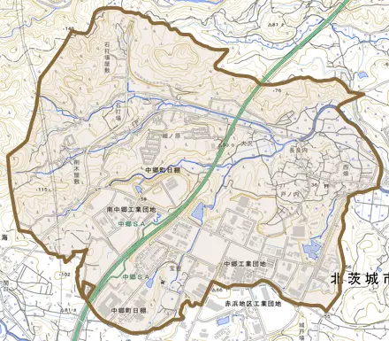 中郷町日棚とその周辺の地図。町の範囲を重ねている