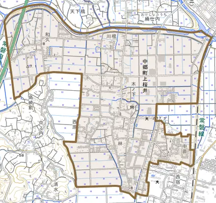 中郷町上桜井とその周辺の地図。町の範囲を重ねている