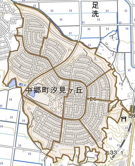 中郷町汐見ケ丘とその周辺の地図。町の範囲を重ねている