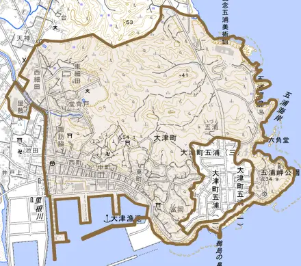 大津町とその周辺の地図。町の範囲を重ねている