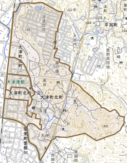 大津町北町とその周辺の地図。町の範囲を重ねている