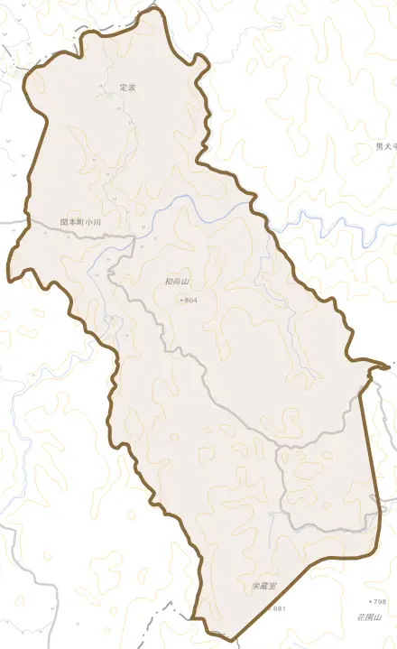 関本町小川とその周辺の地図。町の範囲を重ねている