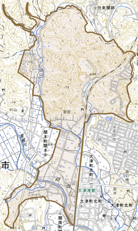 関本町関本中とその周辺の地図。町の範囲を重ねている