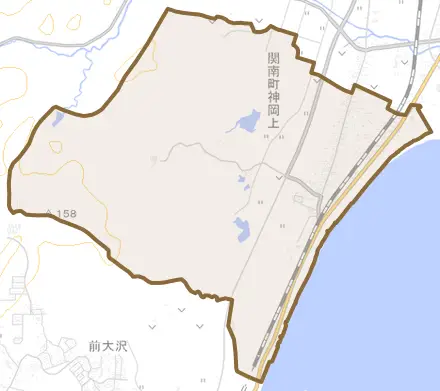 関南町神岡上とその周辺の地図。町の範囲を重ねている