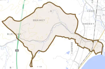 関南町神岡下とその周辺の地図。町の範囲を重ねている