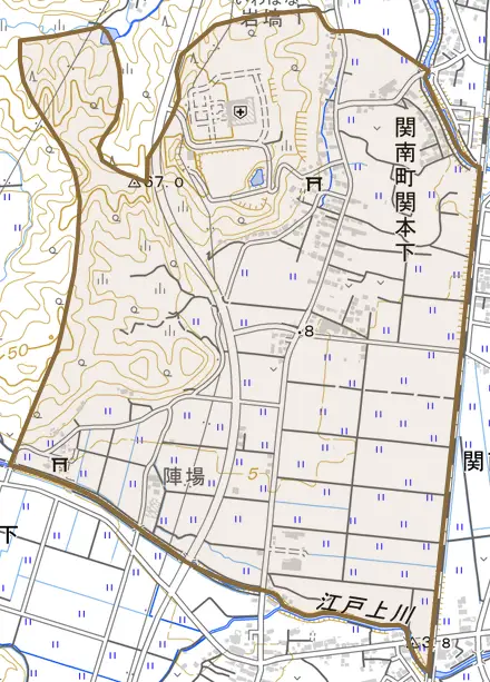 関南町関本下とその周辺の地図。町の範囲を重ねている