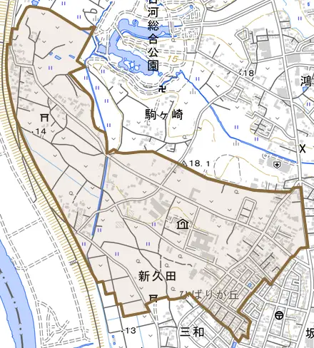 新久田とその周辺の地図。町の範囲を重ねている