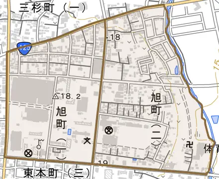 旭町とその周辺の地図。町の範囲を重ねている