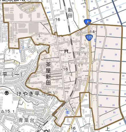 茶屋新田とその周辺の地図。町の範囲を重ねている