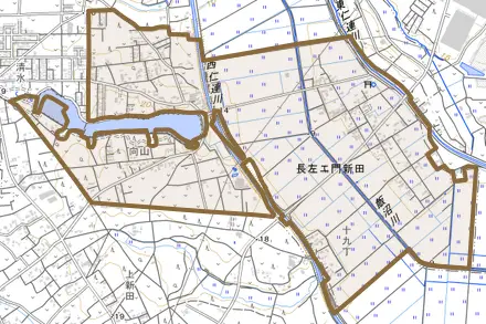 長左エ門新田とその周辺の地図。町の範囲を重ねている