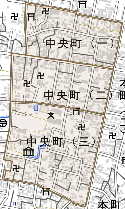中央町とその周辺の地図。町の範囲を重ねている