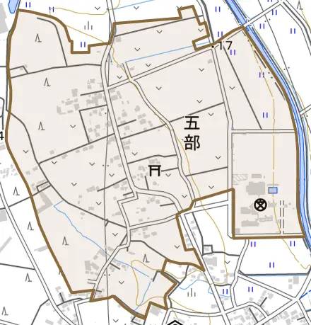 五部とその周辺の地図。町の範囲を重ねている