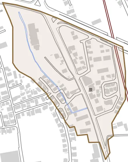 原とその周辺の地図。町の範囲を重ねている