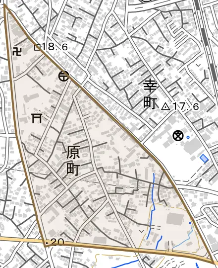 原町とその周辺の地図。町の範囲を重ねている