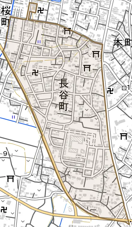 長谷町とその周辺の地図。町の範囲を重ねている