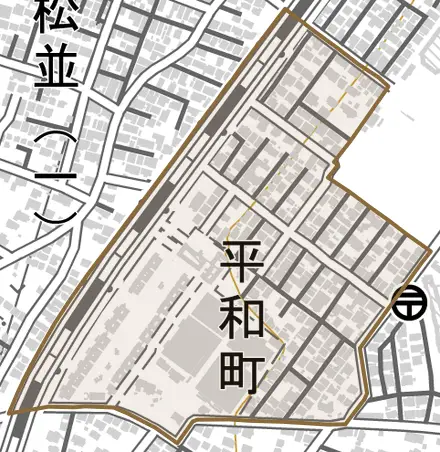 平和町とその周辺の地図。町の範囲を重ねている