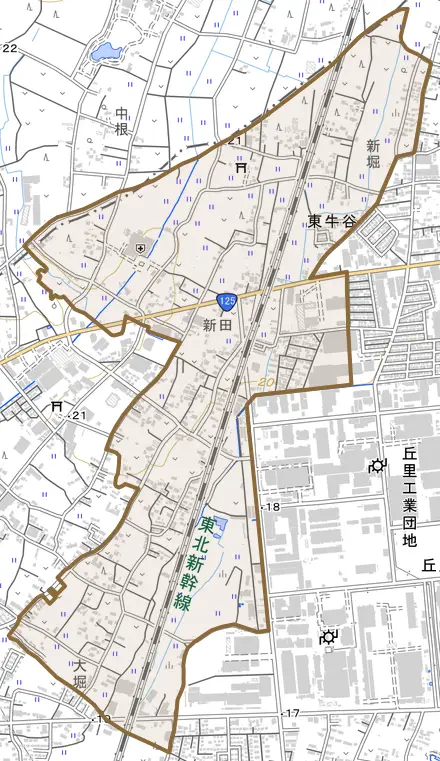 東牛谷とその周辺の地図。町の範囲を重ねている