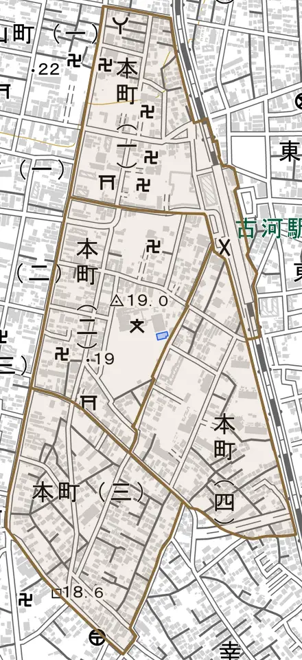 本町とその周辺の地図。町の範囲を重ねている