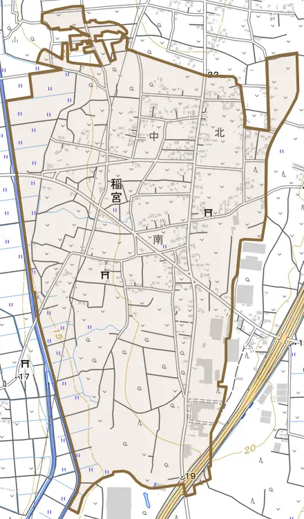 稲宮とその周辺の地図。町の範囲を重ねている