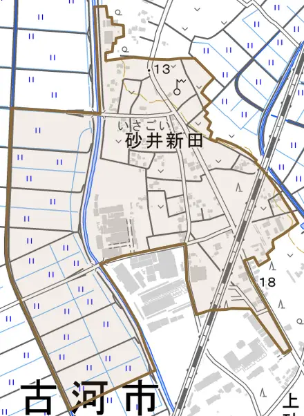 砂井新田とその周辺の地図。町の範囲を重ねている