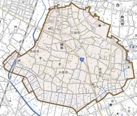 磯部とその周辺の地図。町の範囲を重ねている