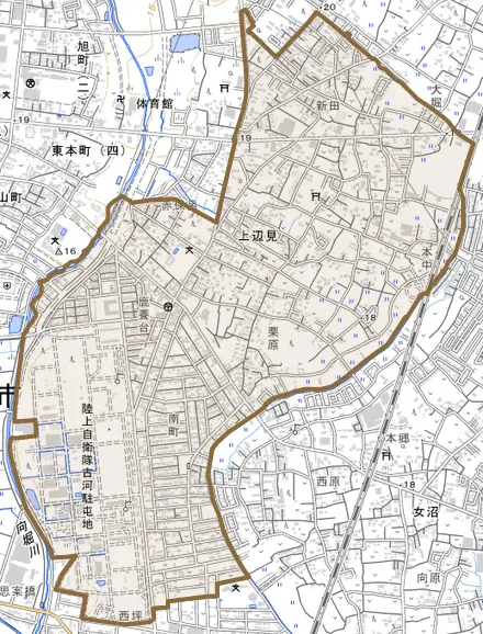 上辺見とその周辺の地図。町の範囲を重ねている