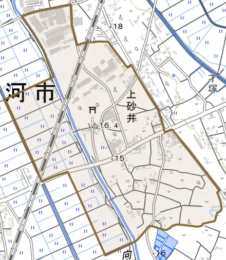 上砂井とその周辺の地図。町の範囲を重ねている