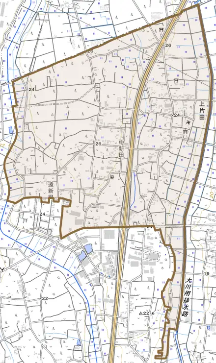 上片田とその周辺の地図。町の範囲を重ねている