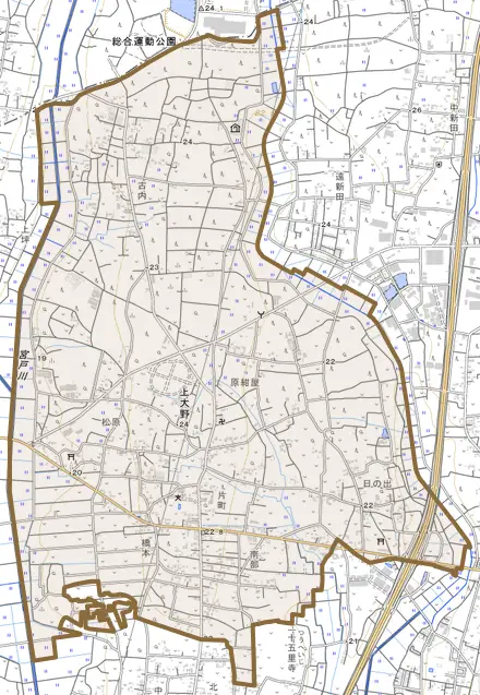 上大野とその周辺の地図。町の範囲を重ねている