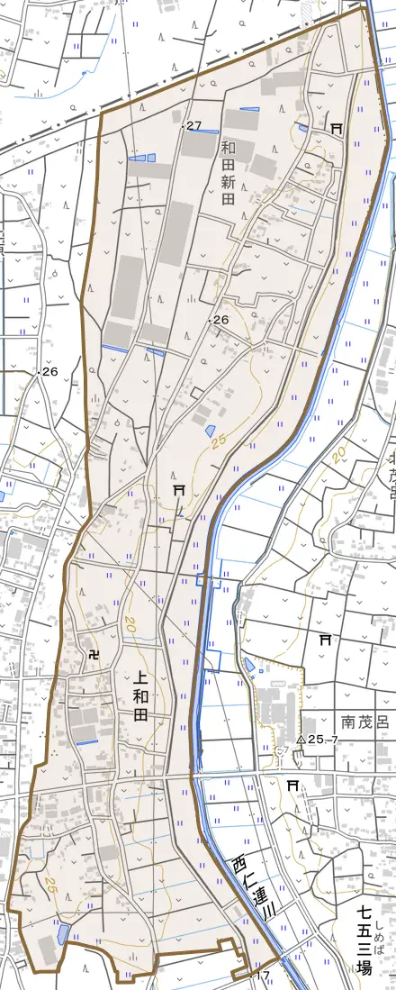 上和田とその周辺の地図。町の範囲を重ねている