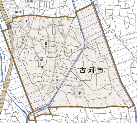 葛生とその周辺の地図。町の範囲を重ねている