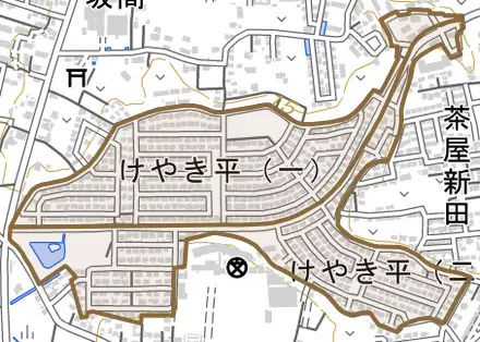 けやき平とその周辺の地図。町の範囲を重ねている