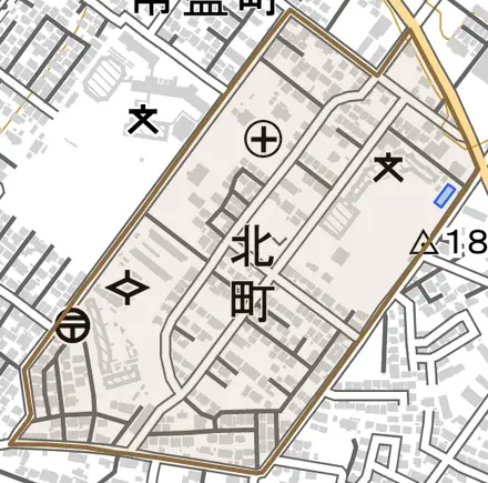 北町とその周辺の地図。町の範囲を重ねている