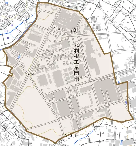 北利根とその周辺の地図。町の範囲を重ねている