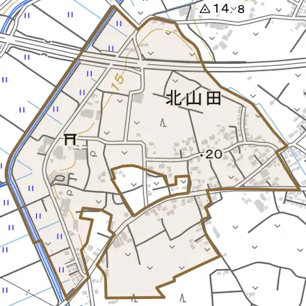 北山田とその周辺の地図。町の範囲を重ねている