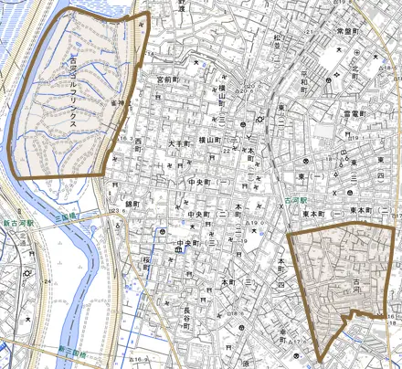 古河とその周辺の地図。町の範囲を重ねている