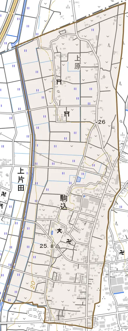 駒込とその周辺の地図。町の範囲を重ねている