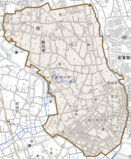 駒羽根とその周辺の地図。町の範囲を重ねている