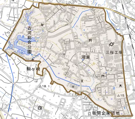 鴻巣とその周辺の地図。町の範囲を重ねている