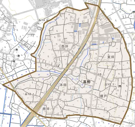 高野とその周辺の地図。町の範囲を重ねている