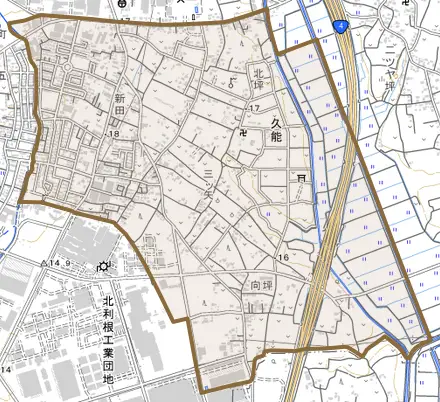 久能とその周辺の地図。町の範囲を重ねている