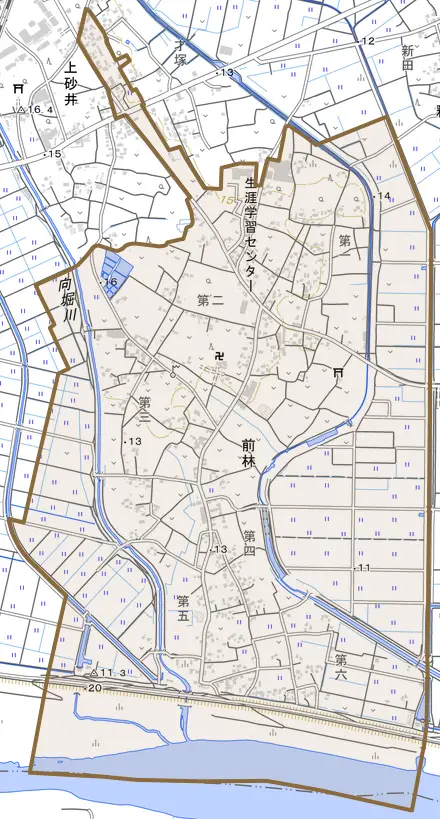 前林とその周辺の地図。町の範囲を重ねている