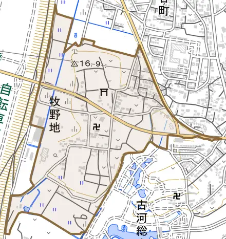 牧野地とその周辺の地図。町の範囲を重ねている