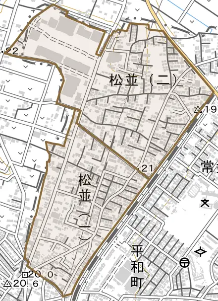 松並とその周辺の地図。町の範囲を重ねている
