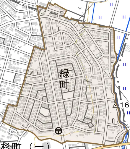 緑町とその周辺の地図。町の範囲を重ねている