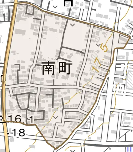 南町とその周辺の地図。町の範囲を重ねている