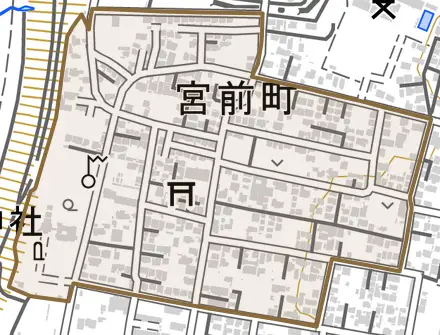 宮前町とその周辺の地図。町の範囲を重ねている