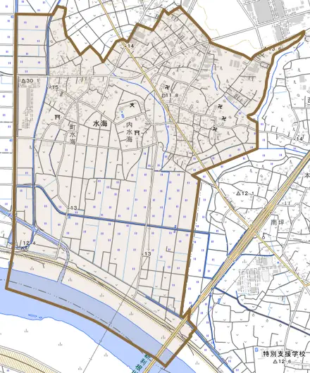 水海とその周辺の地図。町の範囲を重ねている